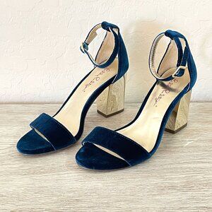 Lilly Pulitzer Sandals Heels Amber Lynn 6 Blue Teal Velvet Gold Heel